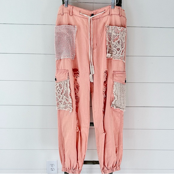 POL Pants - New 25 collection Best Seller : Peach Cargo Pants with crochet Accents